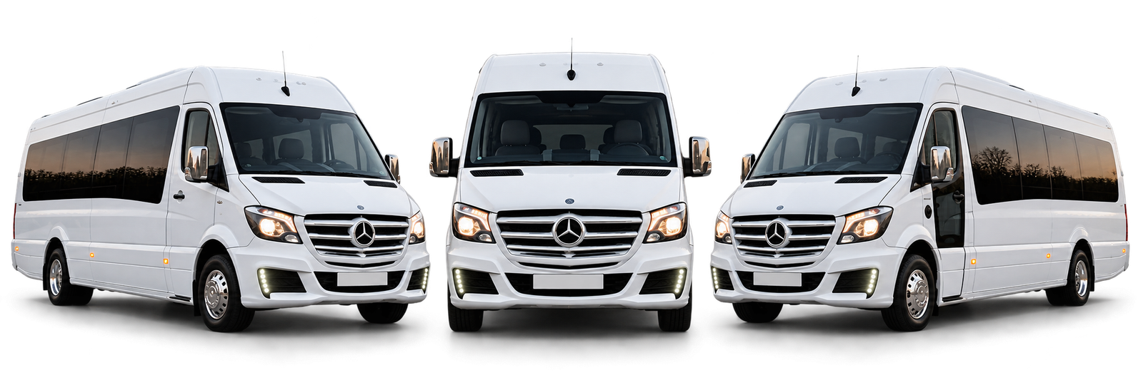 Three white Mercedes-Benz party vans side by side